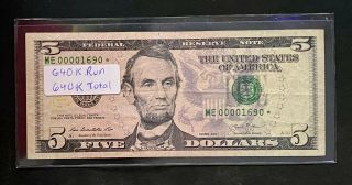 Low Fancy S/n $5 Five Dollar Bill Star✯note Rare - 2013 Me00001690✯ 640k Run