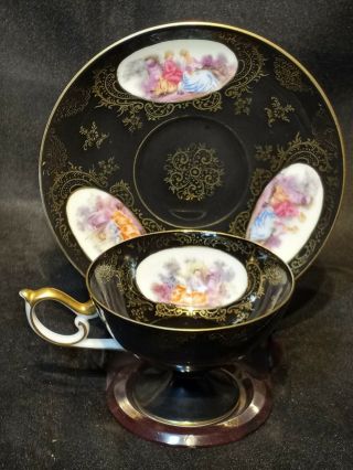Rare Lefton China Wk913 Footed Cup & Saucer Victorian Black & Gold Gild
