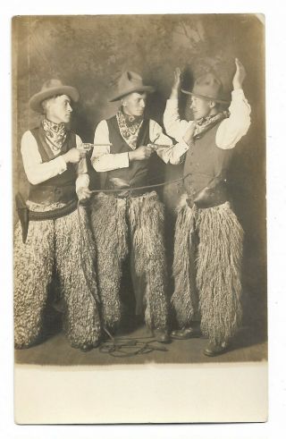 1910s Rppc Studio Wooly Chaps Cowboy Holdup