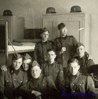 Rare German Elite Waffen Troops Posed In Barracks W/ Helmets On Lockers