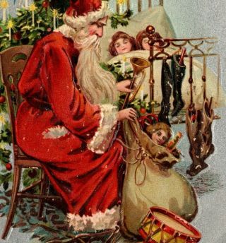 C 1908 Signed Tuck Red Coat Santa St Nick Victorian Children Sleeping Postcard
