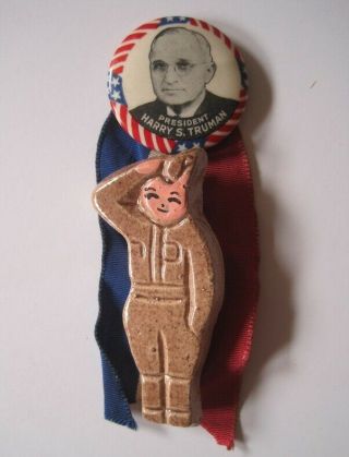 Harry Truman 1948 Presidential Campaign Button Ribbon With Ceramic Solider Rare