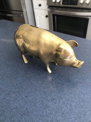 Rare Vintage Brass Metal Pig Piggy Bank Large `10.  25 " Long 5 " Tall Heavy Old Vgc
