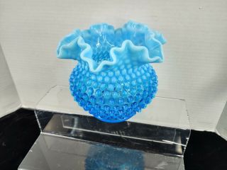 Fenton Glass Vtg Turquoise & Blue Opalescent Hobnail Ruffle Top Ball Vase Rare