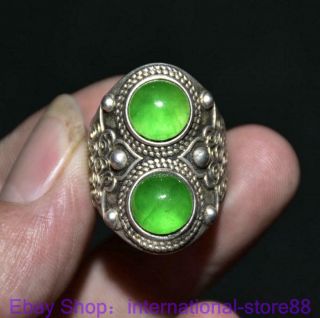 1.  2 " Rare Old Chinese Silver Inlay Green Jade Gem Dynasty 2 Gems Flower Pendants