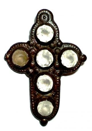 Ancient Rare Medieval Bronze Pectoral Cross With Six Stones.