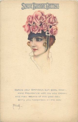 Art Signed Miliotti Birthday Greetings Postcard Art Deco/nouveau Woman Roses Hat