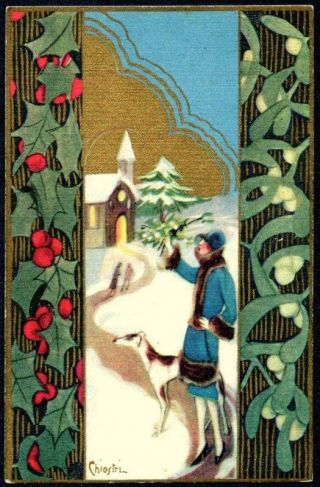 Art Deco Christmas Postcard - Fashionable Woman Borzoi Dog Church - Chiostri