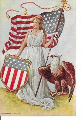 Antique Embossed Patriotic Postcard Lady Liberty,  American Flag,  Eagle,  Emblem