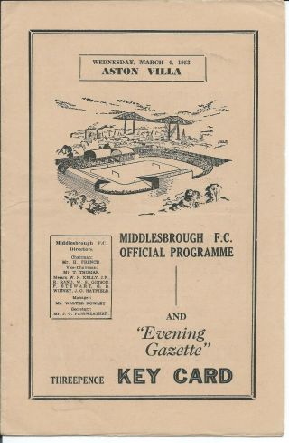 Rare Programme Middlesbrough V Aston Villa Wed 4/3/53 1952/53 Season Div 1