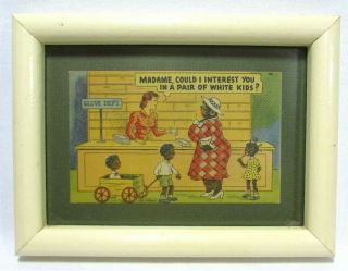 1946 Black Americana Framed Post Card Madame Could I Interest You In White Kids
