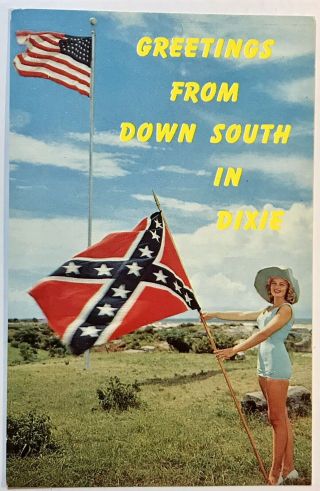 Greetings From Down South In Dixie Postcard Pretty Pinup Girl With Flags