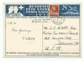 1930 Switzerland National Fete Red Cross Airmail 25c,  15c Postcard Geneva To Usa