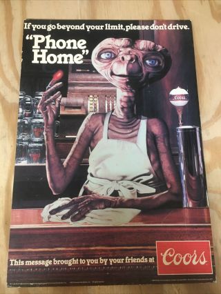 Rare Vintage “e.  T.  Phone Home” Coors 16 " X11 " Beer Poster 1982 - W/stand