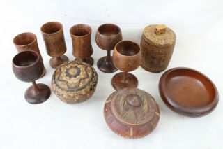 Vintage Hand Carved Wood Bowl Cups Goblet Ornate Trinket Box W/ Lid Peru Rare