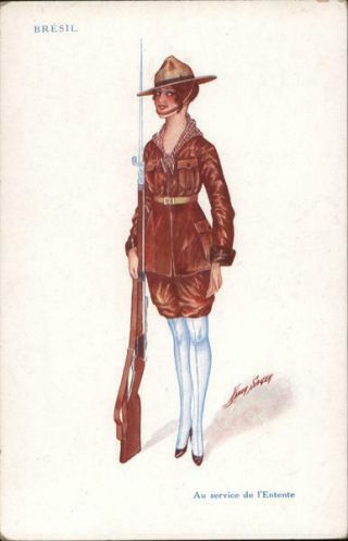 Xavier Sager Wwi Young Female Soldier Standing By Her Rifle.  Series 58 Postcard