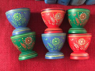 6 Rare Italy Mid Century Hand Painted Wood Egg Cups Easter Vintage Blue Green