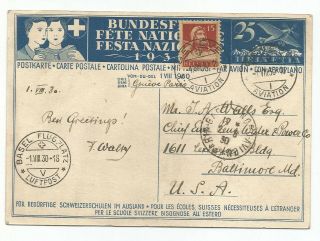 1930 Switzerland National Fete Airmail 25c,  15c Red Cross Postcard Geneva To Usa