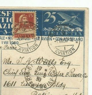 1930 Switzerland National Fete Airmail 25c,  15c Red Cross Postcard Geneva to USA 3