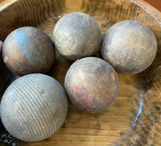 5 Antique Vintage Wooden Croquet Balls 3 " Rare Design Patina Ribbed