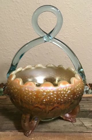 Rare 1981 Fenton Carnival Glass Rose Bowl With Handle,  Signed,  Dated,  20/500