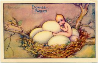 Signed Busi,  Art Deco Easter - Odd Kewpie Fairy Hybrid Listens To Eggs
