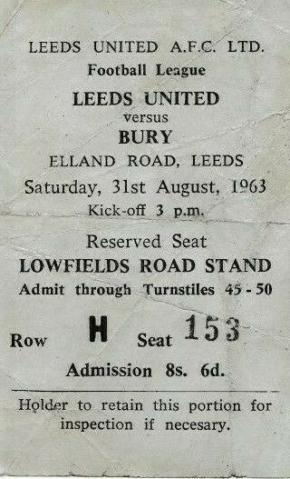 Rare Football Ticket Leeds United V Bury 1963