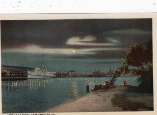 Cape Charles Va 1920 Era Wb Harbor At Night Steamer S.  S.  Moonlit Night Curteich
