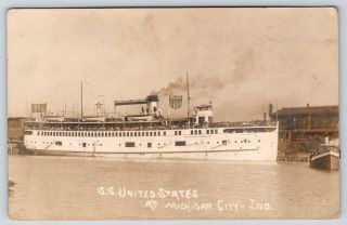 Michigan City Indiana Steamer Ss United States @ Landing Crowded Deck C1910 Rppc