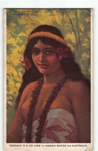 Oceanic Steamship South Pacific Hawaii Samoa Route Postcard Semi - Nude Woman Girl