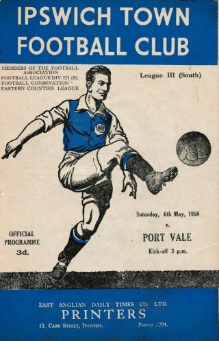 Rare Football Programme Ipswich Town V Port Vale 1949 - 1950