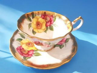 Rare Queen Anne Cup & Saucer With Large Roses And Heavy Gold Gilding