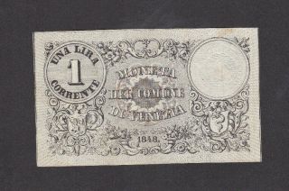 1 Lira Very Fine Banknote From Venice/italy 1848 Pick - S192 Rare