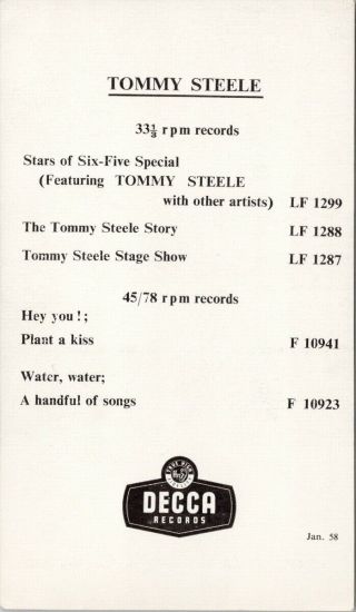 Tommy Steele Musician Autograph Decca Records Promotional Postcard G54 2