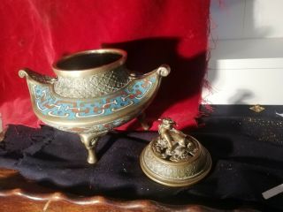 Extremely Rare Unusual Antique Chinese Tripod Cloisonné & Metal Censer 20x17.  cm 2