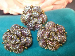 Rare Heidi Daus Flower Set Clip Earrings,  Ring Pink,  Blue Swarovski Crystals Perf.