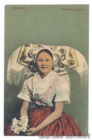 Postcard German Girl In Traditional Folk Costume Spreewald Antique Fashion Shawl