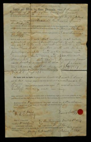 1859 Lucius Suttiff To Fransil C.  Lewis Bradley Wax? Seal Deed Southington Ct