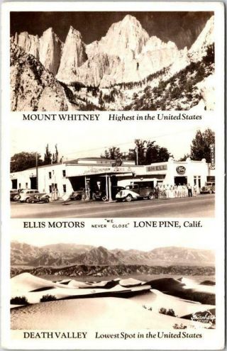 Lone Pine,  Ca Rppc Advertising Postcard Ellis Motors Mt.  Whitney / Death Valley