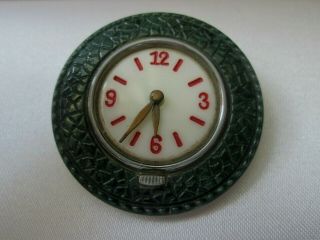 Vintage Rare Milk Glass Clock Face Red Green Enamel Art Deco Brooch Lapel Pin