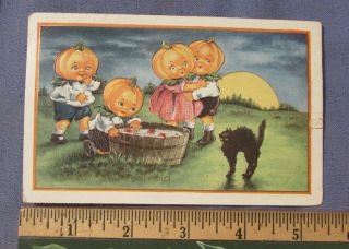 Unusual 1917 Halloween Postcard Black Cat Pumpkin Head Children Pop Out Postcard