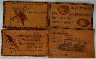 4 Antique Leather Postcards 2 Patriotic 1 Adam & Eve 1 Ohio Riverboat 1907 2 - 1¢