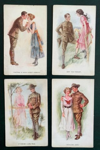4 Usa Postcard Patriotic Comic Romantic Archie Gunn Soldiers Wives Dough Boy Ww1