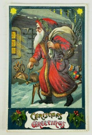 Long Red Robe Santa Claus W.  Reindeer & Toy Sack Antique Christmas Postcard - H621