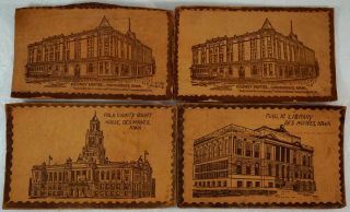 4 Antique Leather Postcards Gedney Hotel - Library & Court House In Iowa 1907