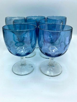 Vintage Blue Thumbnail Print Goblet Glasses Set Of 7 Rare