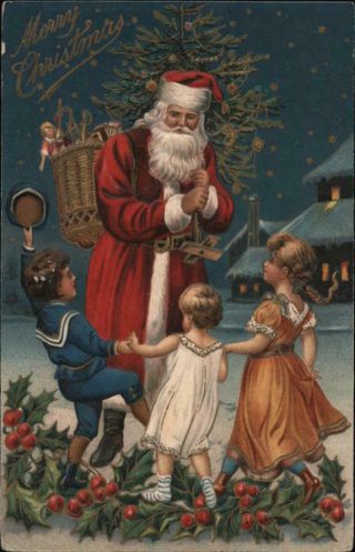 Christmas Children 1907 Merry Christmas - Santa With Children Dancing Postcard