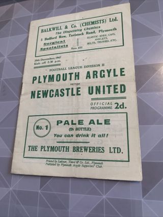 Plymouth Argyle V Newcastle United 20/12/1947 Rare