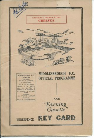 Rare Prog Middlesbrough V Chelsea 6/3/54 1953/54 Season Div 1