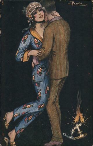 Adolfo Busi Couple Embracing In The Dark.  Candles Falling To Floor Postcard